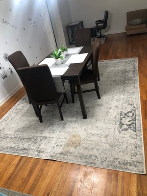 Dirty white rug after Airbnb guest left.