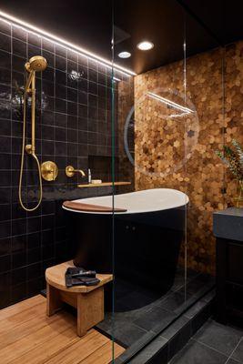 Moody Bathroom with Japanese Soaking Tub