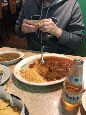 Chile Colorado with beans and rice