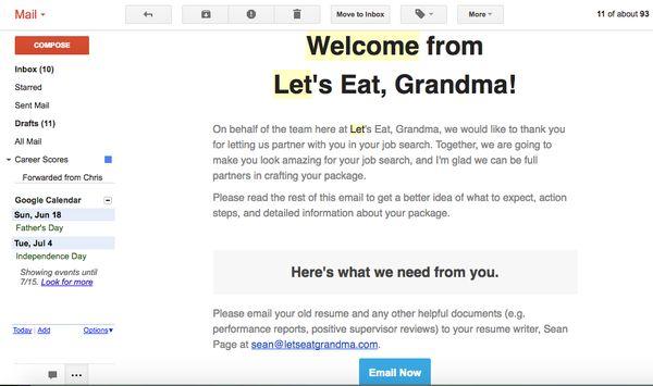 Sample initial welcome email from Let's Eat, Grandma, received day of purchase