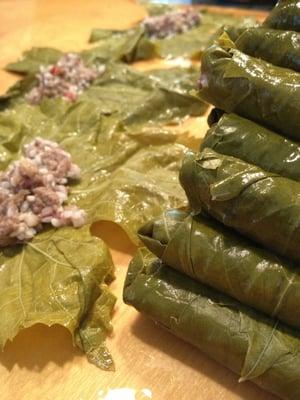 Hand wrapped Grape Leaves. Available in vegetarian and non vegetarian options.