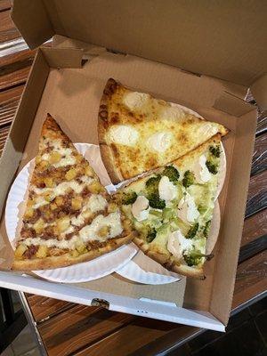 Bacon, Chicken, Ranch (left), White Slice (middle), and White Slice with Broccoli (right)