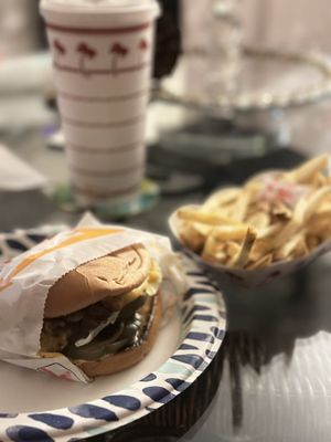 Animal Style Cheeseburger, fries, root beer IG: @ammysalamii