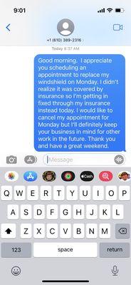 Text exchange with owner of Blue Bell Auto Glass