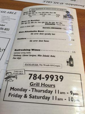 Back of the Jack's menu.