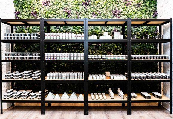 Shelves with a large variety of CBD products.