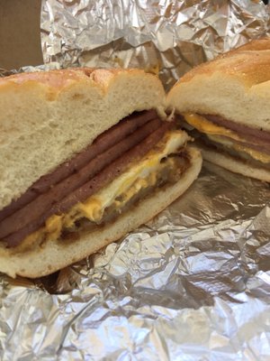 Jersey Boy: Pork Roll, egg and cheese with a hash brown on a roll.