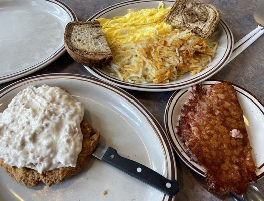 Country fried steak w/ eggs, hash browns, rye toast and a side of corned beef hash