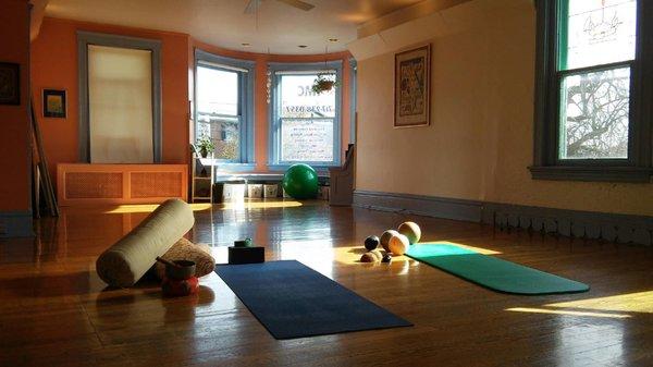 2nd floor studio. Yoga props and Yamuna Body Rolling