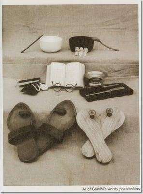 Gandhi's worldy possessions after his assassination (1948) [note the three monkeys of Chinese folklore]