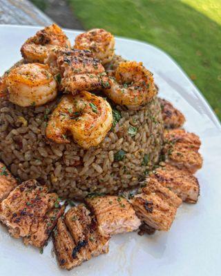 Salmon and shrimp fried rice.