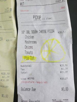 Receipt showing double dough pizza