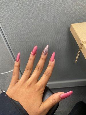 The middle nail was the nail she refused to finish shaping and polish. I had another salon finish it but they didn't have the color .