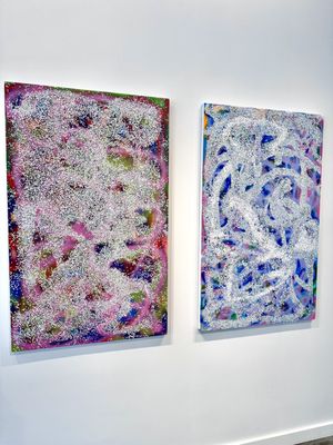 Phantom Galaxy. Diptych, punched paper, oil stick, spray paint, on canvas.